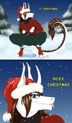Size: 941x1600 | Tagged: safe, artist:sunny way, oc, oc only, oc:shasehra gaelehrion, equine, fictional species, ki'rinaes, mammal, anthro, digitigrade anthro, artwork, blep, christmas, clothes, comic, comic strip, cute, digital art, equis universe, fangs, female, fluff, forest, fur, hat, headwear, holiday, mare, meme, merry christmas, mlem, paws, santa hat, sharp teeth, snow, solo, solo female, teeth, tongue, tongue out, warm