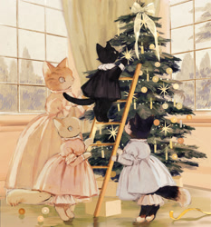 Size: 1491x1600 | Tagged: safe, artist:rt0no, oc, oc only, cat, feline, mammal, anthro, 2022, ambiguous gender, black body, black clothing, black fur, bottomwear, christmas, clothes, dress, female, floor, fur, holiday, looking at another, orange body, orange fur, pink dress, white body, white fur
