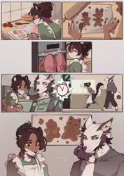 Size: 1446x2048 | Tagged: safe, artist:caelestishound, oc, oc only, canine, mammal, anthro, 2022, baking, bipedal, book, brown body, brown fur, clock, comic, cookie, digital art, female, food, fur, instructions, male, running, smiling, unamused, walking, white body, white fur