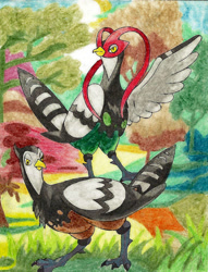 Size: 782x1021 | Tagged: safe, artist:macuarrorro, bird, fictional species, unfezant, feral, nintendo, pokémon, 2012, beak, chest fluff, claws, duo, feathers, female, fluff, male, outdoors, photoshop, plant, scenery, scenery porn, tail, talons, tree, wings, yellow eyes