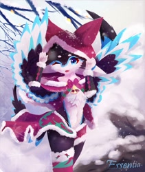 Size: 817x970 | Tagged: safe, artist:aury_essentia, oc, oc only, avali, fictional species, anthro, 2022, 4 ears, artist name, black feathers, blue feathers, christmas, clothes, cute, cute little fangs, detailed background, fangs, feathers, female, green clothing, holiday, kemono, legwear, multicolored feathers, one eye closed, outdoors, red clothes, red hat, snow, solo, solo female, teeth, thigh highs, tree branch, white feathers, winking