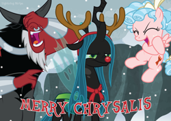Size: 3508x2480 | Tagged: safe, artist:lightning stripe, cozy glow (mlp), lord tirek (mlp), queen chrysalis (mlp), arthropod, centaur, changeling, changeling queen, equine, fictional species, mammal, pegasus, pony, feral, humanoid, taur, friendship is magic, hasbro, my little pony, antlers, beard, blue hair, blue mane, christmas, curled hair, curly mane, cute, cutie mark, eyes closed, facial hair, fake antlers, female, filly, foal, freckles, funny, green eyes, group, grumpy, hair, hand on face, holiday, horns, humiliation, laughing, long hair, male, mane, mare, on model, pink coat, pun, red nose, reindeer antlers, ribbon, signature, snow, snowfall, text, this will end in death, this will end in pain, trio, unamused, vector, wings, young