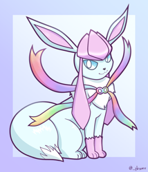 Size: 1200x1400 | Tagged: safe, artist:hexuru, canine, eeveelution, fakemon, fictional species, glaceon, mammal, anthro, digitigrade anthro, feral, nintendo, pokémon, 2022, 3 fingers, 3 toes, :3, ambiguous gender, artist name, autism symbol, big tail, black nose, blue body, blue eyes, blue fur, body markings, bust, cel shading, chest fluff, clothes, colored, digital art, dipstick tail, ears, facial tuft, feet, feral focus, fingers, fluff, fluffy chest, full-length portrait, fur, fur tuft, generation 4 pokemon, gloves, gradient background, handwear, head fluff, head tuft, ice, light, lighting, long ears, looking at you, multicolored clothing, multicolored ears, multicolored tail, neck tuft, paws, pink body, pink clothing, pink fur, pink gloves, pink handwear, pink inner ear, pink tuft, pokemon (species), portrait, quadruped, rainbow clothes, ribbon, shaded, side view, signature, simple background, sitting, smiling, solo, solo focus, symbol, tail, tail fluff, tail markings, text, toes, video game, white background, white body, white eyes, white fur, white tuft, wide eyes