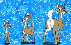 Size: 1998x1279 | Tagged: safe, artist:ledorean, oc, oc:janice (ledorean), cervid, deer, mammal, reindeer, adult, age progression, butt, child, fawn, featureless crotch, female, rudolph the red nosed reindeer (tv special), teenager, yearling, young