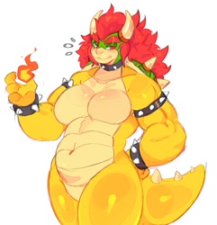 Size: 1301x1347 | Tagged: safe, artist:hanaarts_, bowser (mario), fictional species, koopa, reptile, anthro, mario (series), nintendo, big breasts, breasts, collar, featureless breasts, featureless crotch, female, fire, horns, rule 63, solo, solo female, spiked collar, tail, thick thighs, thighs, wide hips