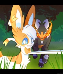 Size: 808x948 | Tagged: safe, artist:aangellface, brightheart (warrior cats), eeveelution, fictional species, houndoom, mammal, sylveon, feral, nintendo, pokémon, warrior cats, ambiguous gender, blue sclera, colored pupils, colored sclera, detailed background, duo, duo focus, female, fire, fur, grass, hair, looking at you, pokéfied, quadruped, running, species swap, standing, white body, white fur, white pupils, yellow body, yellow fur