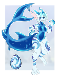 Size: 719x914 | Tagged: safe, dragon, fictional species, goo creature, anthro, big ears, blue claws, blue eyes, blue hair, blue tail, breasts, claws, dragoness, ears, egg, female, fins, fish tail, goo, hair, horns, shark tail, snowflake, solo, solo female, striped body, tail, white hair