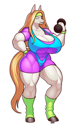 Size: 900x1500 | Tagged: suggestive, artist:blazbaros, equine, horse, mammal, anthro, bikini, breasts, clothes, dumbbells, exercise, female, hair, headband, headwear, huge breasts, leotard, long hair, long tail, looking at you, muscles, muscular female, one eye closed, socks, solo, solo female, swimsuit, tail, thick thighs, thighs, tight clothing, tight fit, wide hips, winking, workout, workout clothes