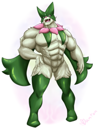 Size: 1275x1650 | Tagged: safe, artist:basicwanton, meowscarada, nintendo, pokémon, abs, bara, barazoku, belly button, fangs, featureless crotch, fur, green body, green fur, hand on hip, male, muscles, muscular arms, muscular male, nippleless, nudity, open mouth, pecs, petals, pink nose, pink pupils, sharp teeth, simple background, solo, solo male, standing, starter pokémon, teeth, white background