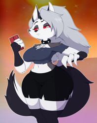 Size: 1009x1280 | Tagged: safe, alternate version, artist:bigdon1992, loona (vivzmind), canine, fictional species, hellhound, mammal, anthro, hazbin hotel, helluva boss, 2022, bedroom eyes, belly button, black nose, bottomwear, cell phone, clothes, collar, colored sclera, curvaceous, curvy, digital art, ears, eyelashes, female, fingerless gloves, fur, gloves, hair, legwear, phone, red sclera, shorts, smartphone, solo, solo female, spiked collar, stockings, tail, tank top, topwear, unamused
