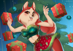 Size: 1280x904 | Tagged: safe, artist:sorafoxyteils, jenna (balto), canine, dog, husky, mammal, anthro, balto (series), 2022, belly button, black nose, blushing, bottomwear, breasts, christmas, christmas gift, christmas tree, clothes, conifer tree, cute, digital art, ears, eyelashes, female, fluff, fur, holiday, looking at you, mature, mature female, neck fluff, pose, skirt, solo, solo female, tail, tank top, topwear, tree