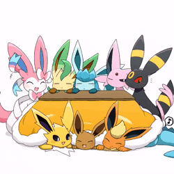 Size: 720x720 | Tagged: safe, artist:tontaro, eevee, eeveelution, espeon, fictional species, flareon, glaceon, jolteon, mammal, sylveon, umbreon, feral, nintendo, pokémon, 2022, 2d, 2d animation, ambiguous gender, ambiguous only, animated, black nose, blushing, brown body, brown fur, closed mouth, closed smile, colored sclera, cuddling, cute, digital art, ear fluff, ears, eyes closed, fluff, fur, group, hair, happy, head fluff, hiding, hug, leaf, light blue body, long ears, multicolored fur, musical note, no sound, one eye closed, open mouth, open smile, orange body, orange fur, paws, pink body, pink fur, pink tail, pointy ears, purple sclera, red sclera, ribbons (body part), simple background, smiling, table, tail, tail wag, tongue, two toned body, two toned fur, webm, white background, yellow body, yellow fur