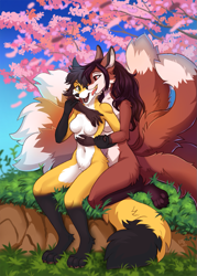 Size: 857x1200 | Tagged: safe, artist:ketty, oc, oc only, oc x oc, canine, fictional species, fox, kitsune, mammal, anthro, digitigrade anthro, 2022, anthro/anthro, black nose, breasts, commission, detailed background, digital art, duo, duo female, ears, eyelashes, featureless breasts, featureless crotch, female, female/female, females only, fur, hair, kneeling, multiple tails, nine tails, open mouth, palm pads, plant, pose, sharp teeth, shipping, tail, teeth, thighs, tongue, tree, vixen, wide hips