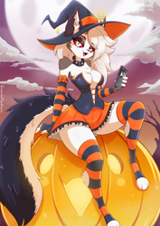 Size: 2480x3508 | Tagged: safe, artist:jasminmanticore, loona (vivzmind), canine, fictional species, hellhound, mammal, anthro, digitigrade anthro, hazbin hotel, helluva boss, 2022, breasts, cleavage, clothes, costume, ear fluff, female, fluff, gray hair, hair, halloween, halloween costume, hat, headwear, holiday, jack-o-lantern, long hair, looking at you, pumpkin, smiling, smiling at you, solo, solo female, tail, tail fluff, vegetables, witch hat