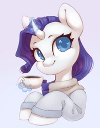 Size: 841x1079 | Tagged: safe, artist:melodylibris, rarity (mlp), equine, fictional species, mammal, pony, unicorn, feral, friendship is magic, hasbro, my little pony, 2022, blue eyes, clothes, colored pupils, container, cup, cute, female, fur, hair, levitation, magic, mane, mare, purple hair, purple mane, smiling, solo, solo female, sweater, teacup, telekinesis, topwear, white body, white fur