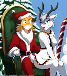 Size: 1131x1280 | Tagged: suggestive, artist:twokinds, mike (twokinds), cervid, deer, fictional species, keidran, mammal, reindeer, anthro, twokinds, 2022, breasts, christmas, costume, featureless breasts, female, holiday, male, nudity, santa costume
