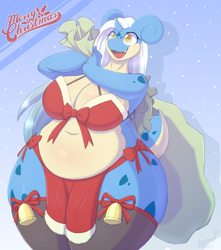 Size: 1804x2042 | Tagged: safe, artist:snackbunnii, oc, oc only, fictional species, lapras, anthro, nintendo, pokémon, 2022, anthrofied, belly button, bikini, bikini top, breasts, christmas, cleavage, clothes, digital art, ears, eyelashes, fat, female, hair, holiday, horn, huge breasts, loincloth, open mouth, pose, scales, shell, slightly chubby, solo, solo female, swimsuit, tail, thick thighs, thighs, tongue, wide hips