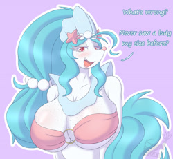 Size: 1280x1179 | Tagged: safe, artist:snackbunnii, oc, oc only, fictional species, primarina, anthro, nintendo, pokémon, 2022, absolute cleavage, anthrofied, bikini, bikini top, blushing, breasts, cleavage, clothes, digital art, ears, eyelashes, female, hair, huge breasts, looking at you, open mouth, pink nose, pose, red eyes, scales, solo, solo female, starter pokémon, swimsuit, text, thighs, tongue, watermark, wide hips