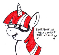 Size: 550x520 | Tagged: safe, artist:reddragonkan, moondancer (mlp), equine, fictional species, mammal, pony, unicorn, feral, friendship is magic, hasbro, my little pony, 80s, eyes closed, female, glasses, hair, open mouth, quadruped, red hair, singing, solo, solo female, song, tears for fears, text, traditional art