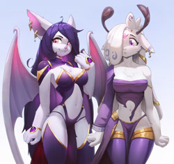 Size: 1981x1860 | Tagged: safe, artist:yorzisowo, oc, oc only, bat, deer, mammal, anthro, 2022, bat wings, bedroom eyes, belly button, bottomwear, breasts, clothes, commission, digital art, doe, dress, duo, duo female, ears, eyelashes, female, females only, fur, hair, loincloth, looking at you, pink nose, pose, spread wings, tail, thighs, webbed wings, wide hips, wings