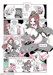 Size: 1340x1891 | Tagged: suggestive, artist:shepherd0821, fictional species, human, mammal, mimic, feral, humanoid, modern mogal, 2022, absolute cleavage, arcade cabinet, big breasts, blushing, breasts, chest, claw machine, cleavage, clothes, comic, dialogue, female, female focus, goggles, group, hair, hat, headwear, long hair, male, military uniform, plains, ponytail, slime, solo focus, suit, talking, teeth, television, thighs