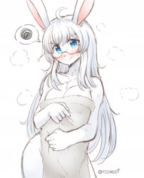 Size: 1904x2360 | Tagged: suggestive, artist:cycho6212, lagomorph, mammal, rabbit, anthro, adorasexy, annoyed, big breasts, blue eyes, blushing, breasts, chest fluff, cleavage, covering, covering breasts, cute, embarrassed, female, fluff, frowning, fur, glasses, hair, long hair, looking at you, meganekko, pink nose, sexy, simple background, solo, solo female, steam, towel, wet, white background, white body, white fur, white hair