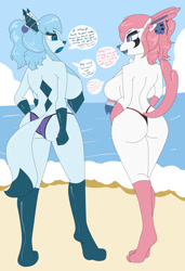 Size: 878x1280 | Tagged: suggestive, artist:collinscorpio, oc, oc only, eeveelution, fictional species, glaceon, mammal, sylveon, anthro, digitigrade anthro, nintendo, pokémon, 2022, beach, bedroom eyes, big breasts, bikini, bikini bottom, breasts, butt, clothes, digital art, ears, eyelashes, fur, hair, looking at each other, open mouth, panties, partial nudity, rear view, rearboob, ribbon, swimsuit, tail, thighs, tongue, topless, underwear, wide hips