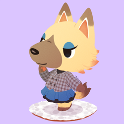 Size: 1080x1080 | Tagged: safe, artist:talicedraws, vivian (animal crossing), canine, mammal, wolf, semi-anthro, animal crossing, nintendo, 2021, bottomwear, clothes, female, on model, paw pads, paws, purple background, signature, simple background, skirt, solo, solo female