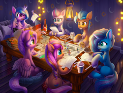 Size: 5000x3750 | Tagged: safe, artist:atlas-66, autumn blaze (mlp), hitch trailblazer (mlp), izzy moonbow (mlp), misty (mlp g5), pipp petals (mlp), sunny starscout (mlp), zipp storm (mlp), earth pony, equine, fictional species, mammal, pegasus, pony, unicorn, dungeons & dragons, friendship is magic, hasbro, my little pony, my little pony g5, my little pony: a new generation, spoiler:my little pony g5, absurd file size, alcohol, beer, beer can, book, christmas lights, colored wings, container, cookie, cup, drink, eyebrows, female, folded wings, food, glowing, glowing horn, grin, group, horn, lantern, lights, magic, magic aura, male, mane five (g5), mare, multicolored wings, open mouth, open smile, pen and paper rpg, pencil, plate, royal sisters (g5), rpg, sextet, siblings, signature, sister, sisters, sitting, smiling, smoothie, stallion, straw, table, telekinesis, wings