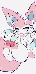 Size: 1089x2209 | Tagged: safe, artist:koivyx, eeveelution, fictional species, mammal, sylveon, anthro, nintendo, pokémon, 2d, ambiguous gender, blushing, feet, female, fluff, foot focus, high res, open mouth, open smile, paw pads, paws, pink body, pokemon (species), simple background, smiling, solo, solo ambiguous, solo female, tail, tail fluff, thick thighs, thighs, video game, white background, white body