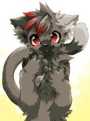 Size: 548x732 | Tagged: safe, artist:jeniak, oc, oc only, cat, feline, mammal, anthro, 2011, archived source, arm fluff, black nose, cheek fluff, cute, ear fluff, fluff, fur, gray body, gray fur, hair, half body, kemono, looking at you, male, red eyes, red hair, shaded, simple background, solo, solo male
