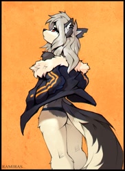 Size: 924x1266 | Tagged: suggestive, artist:ramiras, loona (vivzmind), canine, fictional species, hellhound, mammal, anthro, hazbin hotel, helluva boss, abstract background, clothes, female, jacket, looking up, panties, signature, solo, solo female, topwear, underwear