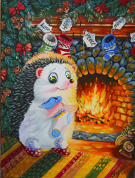 Size: 1280x1686 | Tagged: safe, artist:irikaart, hedgehog, mammal, semi-anthro, 2022, christmas, christmas stocking, christmas tree, clothes, conifer tree, cottagecore, cute, fire, fireplace, holiday, male, solo, solo male, tree
