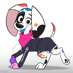 Size: 540x540 | Tagged: safe, artist:higglytownhero, da vinci (101 dalmatian street), canine, dalmatian, dog, mammal, feral, 101 dalmatian street, 101 dalmatians, disney, 2d, bandanna, blep, clothes, female, looking at you, paw pads, paws, simple background, smiling, smiling at you, solo, solo female, sweater, tongue, tongue out, topwear, white background