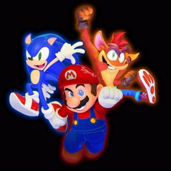 Size: 3000x3000 | Tagged: safe, artist:zapperart, crash bandicoot (crash bandicoot), mario (mario), sonic the hedgehog (sonic), bandicoot, hedgehog, human, mammal, marsupial, anthro, crash bandicoot (series), mario (series), nintendo, sega, sonic the hedgehog (series), 3d, black background, blender, crossover, digital art, looking at you, male, males only, simple background, trio, trio male