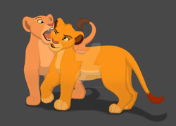 Size: 1024x736 | Tagged: safe, artist:meganmaclucas, nala (the lion king), simba (the lion king), big cat, feline, lion, mammal, feral, disney, the lion king, 2022, 2d, cub, deviantart watermark, duo, duo male and female, female, gray background, lioness, looking at each other, male, one eye closed, simple background, watermark, young