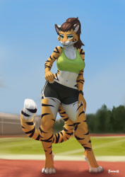 Size: 905x1280 | Tagged: safe, artist:foxovh, oc, oc only, oc:alex marx, big cat, feline, mammal, tiger, anthro, digitigrade anthro, 2022, bedroom eyes, belly button, bottomwear, breasts, clothes, commission, detailed background, digital art, ears, eyelashes, fangs, female, fur, hair, pink nose, pose, sabertooth, sharp teeth, shorts, solo, solo female, sports bra, sports shorts, striped body, striped fur, tail, teeth, thighs, topwear, wide hips