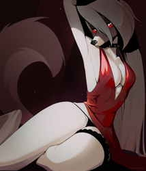 Size: 1776x2074 | Tagged: safe, artist:feliscede, loona (vivzmind), canine, fictional species, hellhound, mammal, anthro, digitigrade anthro, hazbin hotel, helluva boss, 2022, absolute cleavage, big breasts, bottomwear, breasts, cleavage, clothes, dress, female, gray hair, hair, long hair, panties, solo, solo female, tail, thick thighs, thighs, underwear, wide hips