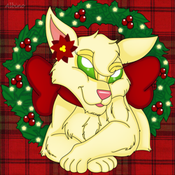 Size: 895x895 | Tagged: safe, artist:queen-quail, canine, fennec fox, fox, mammal, feral, bow, christmas, christmas lights, december, female, holiday, holly, lights, plaid, solo, solo female