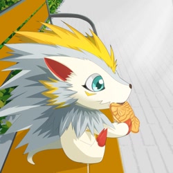 Size: 1280x1280 | Tagged: safe, artist:erjetto, herissmon, semi-anthro, digimon, 2022, ambiguous gender, bench, black nose, blue eyes, claws, digital art, dorayaki, eating, food, fur, gray body, gray fur, plant, red claws, side view, sitting, solo, solo ambiguous, white body, white fur, yellow body, yellow fur