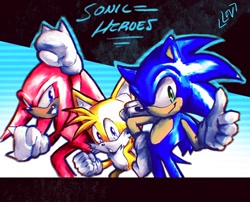 Size: 1312x1060 | Tagged: safe, artist:01lev04, knuckles the echidna (sonic), miles "tails" prower (sonic), sonic the hedgehog (sonic), canine, echidna, fox, hedgehog, mammal, monotreme, sega, sonic heroes, sonic the hedgehog (series), male, males only, trio, trio male