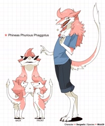 Size: 1287x1547 | Tagged: artist needed, safe, oc, oc only, oc:phineas phurious phaggotus (sergaelic), fictional species, mammal, sergal, anthro, fur, male, pink body, pink fur, reference sheet, solo, solo male, standing, white body, white fur