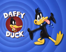 Size: 600x480 | Tagged: safe, artist:e-122-psi, part of a set, daffy duck (looney tunes), bird, duck, waterfowl, anthro, looney tunes, warner brothers, 2008, 2d, beak, looking at you, male, open beak, open mouth, open smile, smiling, smiling at you, solo, solo male, text, tongue, tongue out, wallpaper