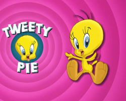 Size: 600x480 | Tagged: safe, artist:e-122-psi, part of a set, tweety bird (looney tunes), bird, canary, songbird, anthro, looney tunes, warner brothers, 2009, 2d, beak, looking at you, male, open beak, open mouth, open smile, smiling, smiling at you, solo, solo male, text, wallpaper