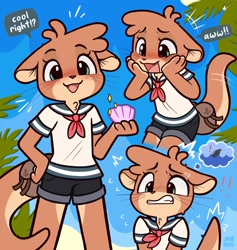 Size: 1944x2048 | Tagged: safe, artist:jayrnski, oc, oc:ottie (jayrnski), mammal, mustelid, otter, anthro, 2022, ambiguous gender, beach, blushing, bottomwear, clothes, cute, open mouth, open smile, sailor outfit, seashell, shirt, shorts, smiling, solo, solo ambiguous, tail, tail pouch, topwear