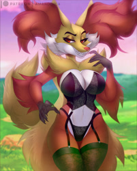Size: 1031x1280 | Tagged: suggestive, artist:amanddica, delphox, fictional species, anthro, nintendo, pokémon, 2022, bedroom eyes, belly button, bra, breasts, clothes, detailed background, digital art, ear fluff, ears, eyelashes, female, fluff, fur, hand on hip, hip fluff, legwear, lingerie, panties, pose, red nose, sharp teeth, shoulder fluff, smiling, solo, solo female, starter pokémon, stockings, tail, teeth, thighs, underwear, wide hips