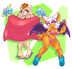Size: 3654x3493 | Tagged: suggestive, artist:sketchytodd, rouge the bat (sonic), vanilla the rabbit (sonic), bat, chao, fictional species, lagomorph, mammal, rabbit, anthro, semi-anthro, sega, sonic the hedgehog (series), 2 toes, 2022, 5 fingers, abstract background, amber eyes, ambiguous gender, bat wings, belly button, bikini, black nose, bracelet, breasts, brown hair, censored, cleavage, clothes, cream body, cream fur, curvy, cyan eyes, duo focus, embarrassed, eyelashes, eyeshadow, female, flip flops, fur, glasses, gold bracelet, hair, high res, holding, holding object, jewelry, lidded eyes, looking at you, makeup, midriff, shoes, short tail, signature, smiling, smiling at you, sunglasses, swimsuit, tail, towel, unamused, webbed wings, wings
