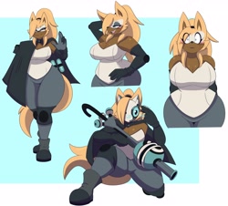 Size: 4096x3706 | Tagged: safe, artist:dewwydartz, whisper the wolf (sonic), canine, mammal, wolf, anthro, idw sonic the hedgehog, sega, sonic the hedgehog (series), 2022, big breasts, big tail, black gloves, blush sticker, blushing, boots, bottomwear, breasts, cleavage, cloak, clothes, curvy, cyan eyes, evening gloves, eyes closed, female, front view, gloves, hair, hair over one eye, hair tie, hand behind head, hand on hip, hands behind back, high res, holding, holding object, holding weapon, knee pads, lidded eyes, long gloves, looking at you, mask, obtrusive watermark, on one knee, open mouth, open smile, pants, ponytail, shoes, signature, simple background, smiling, solo, solo female, tail, thick thighs, thighs, three-quarter view, topwear, watermark, waving at you, weapon, wide hips, wispon (sonic)