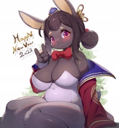 Size: 1902x2048 | Tagged: safe, artist:binglebingle7, oc, oc only, lagomorph, mammal, rabbit, anthro, 2022, black hair, breasts, clothes, ears, female, hair, holiday, huge breasts, kemono, leotard, long ears, new year, solo, solo female, thick thighs, thighs
