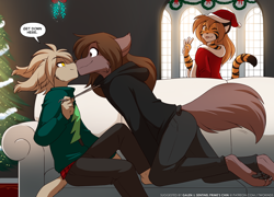 Size: 1778x1280 | Tagged: safe, artist:twokinds, flora (twokinds), keith (twokinds), natani (twokinds), basitin, fictional species, keidran, mammal, anthro, twokinds, 2022, christmas, clothes, costume, female, holiday, hoodie, male, male/female, mistletoe, santa costume, shipping, tail, topwear